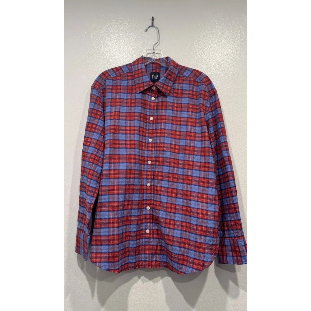 Gap Seersucker Plaid Oversized Shirt Womens Small Blue Red Button Front Preppy